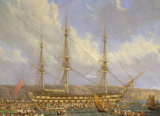 'Scene in Plymouth sound in August 1815' oil on canvas by John James Chalon, 1816